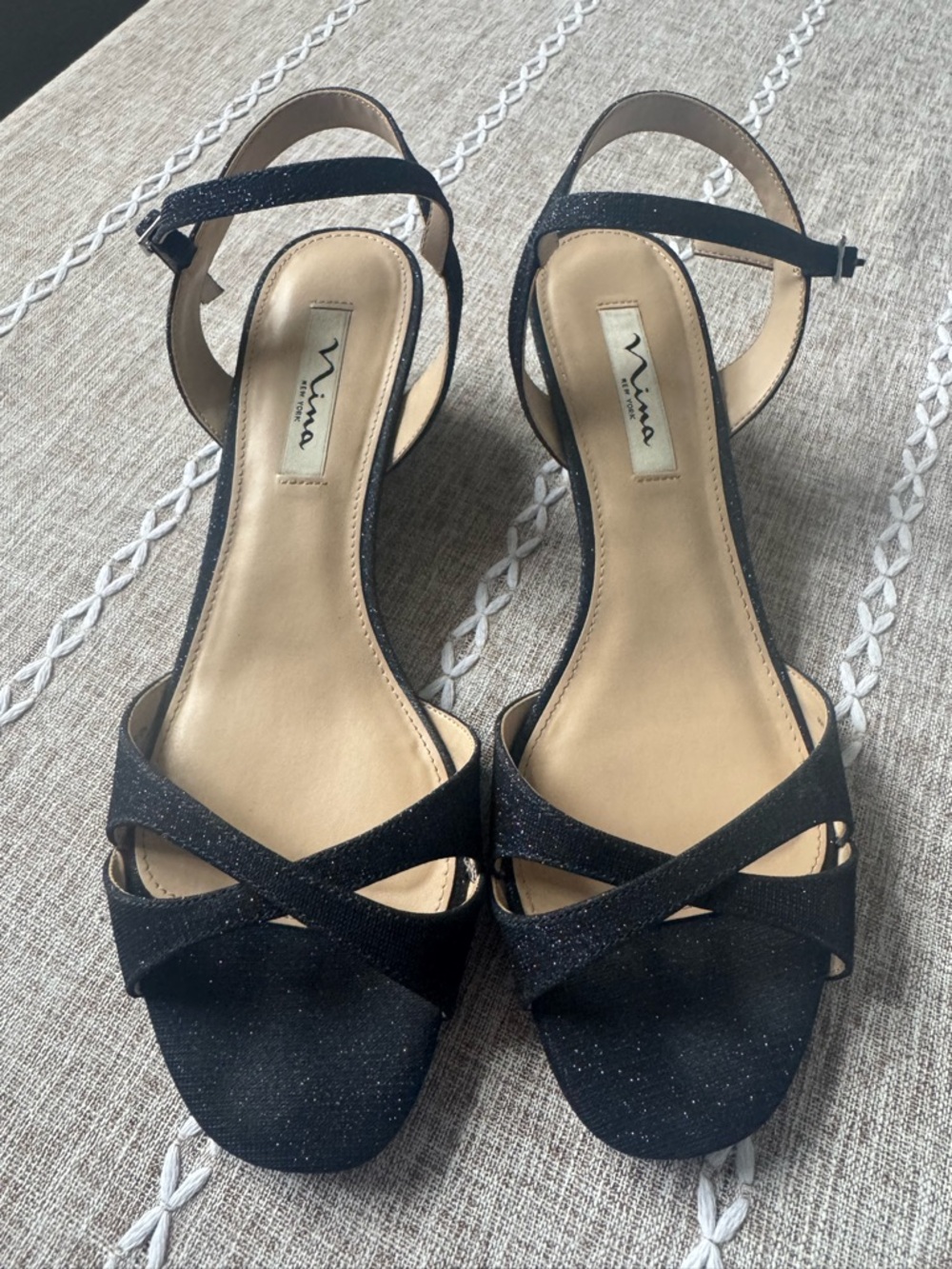 Nina Navy Glitter Crisscross Ankle-Strap Heels Size 10